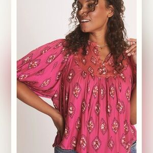 Anthropologie Drapey Henley Pullover in Pink Combo 2x plus size boho